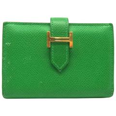 Hermes Bearn Bambou Green Epsom Leather Gold Metal Card Case