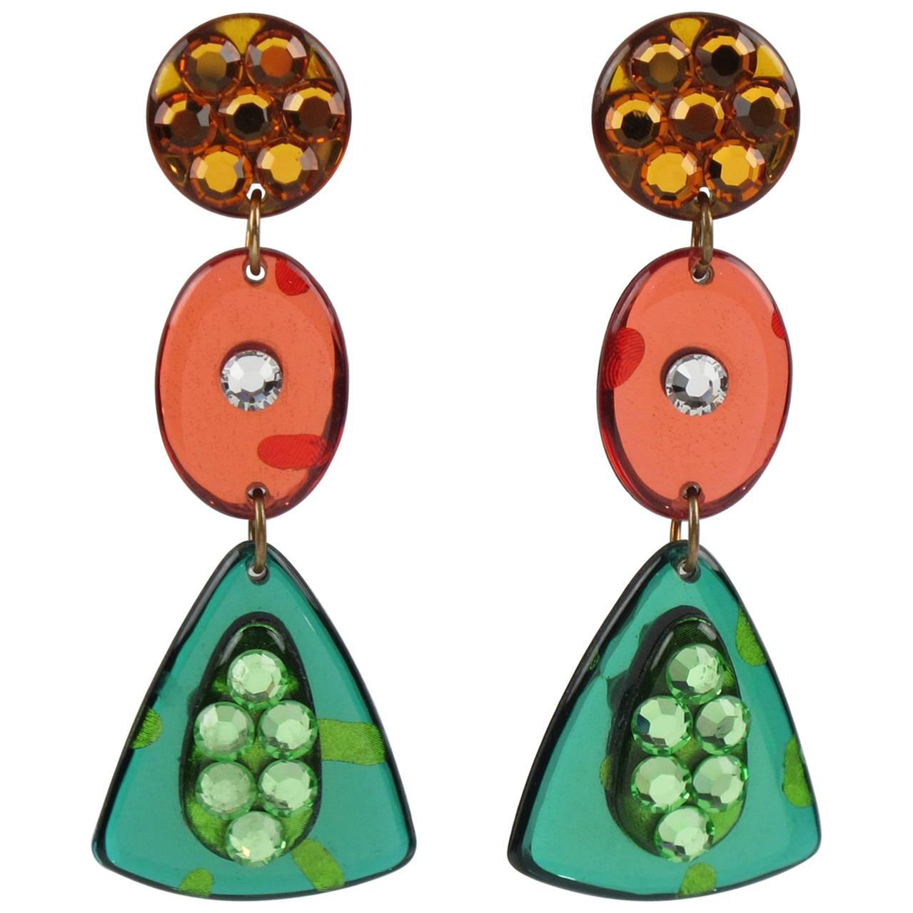 1960s Italian Pop Art Dangling Geometric Chandelier Lucite Clip-on Earrings 