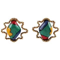 Rare Vintage Alexis Lahellec Paris Signed Clip Earrings Colorful Resin Cabochon
