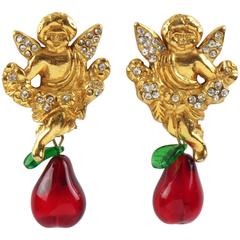 Sonia Rykiel Paris Signed Clip Earrings Gilt Metal Cherub Blown Glass Charm