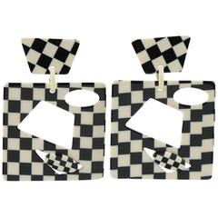 Vintage Rare 1960s Pop Art Oversized Dangling Clip Earrings Black & White Checkerboard