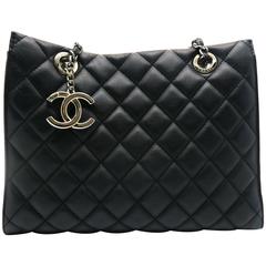 Chanel Black Quilted Calfskin Leather Silver Metal Chain Tote Bag