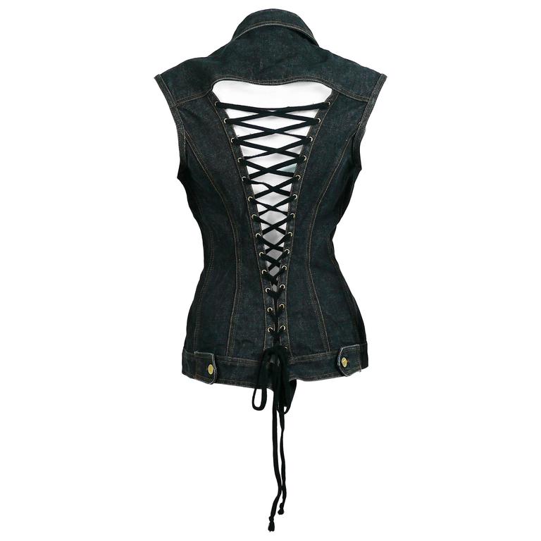 Jean Paul Gaultier Vintage Iconic Black Denim Corset Style Sleeveless Jacket at 1stDibs