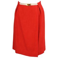 Hermes Red Orange Wrap Skirt with White Leather Kelly Belt