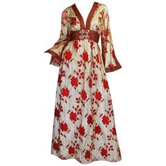 1970s Unlabelled Bill Blass Gold Lame & Red Silk Metallic Dress