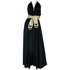 1970s Bill Tice Plunge Black & Gold Backless Halter Dress