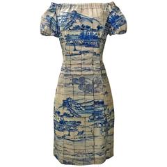 Prada 2011 Blue and White Scenic Porcelain Tile Print Off the Shoulder Sun Dress