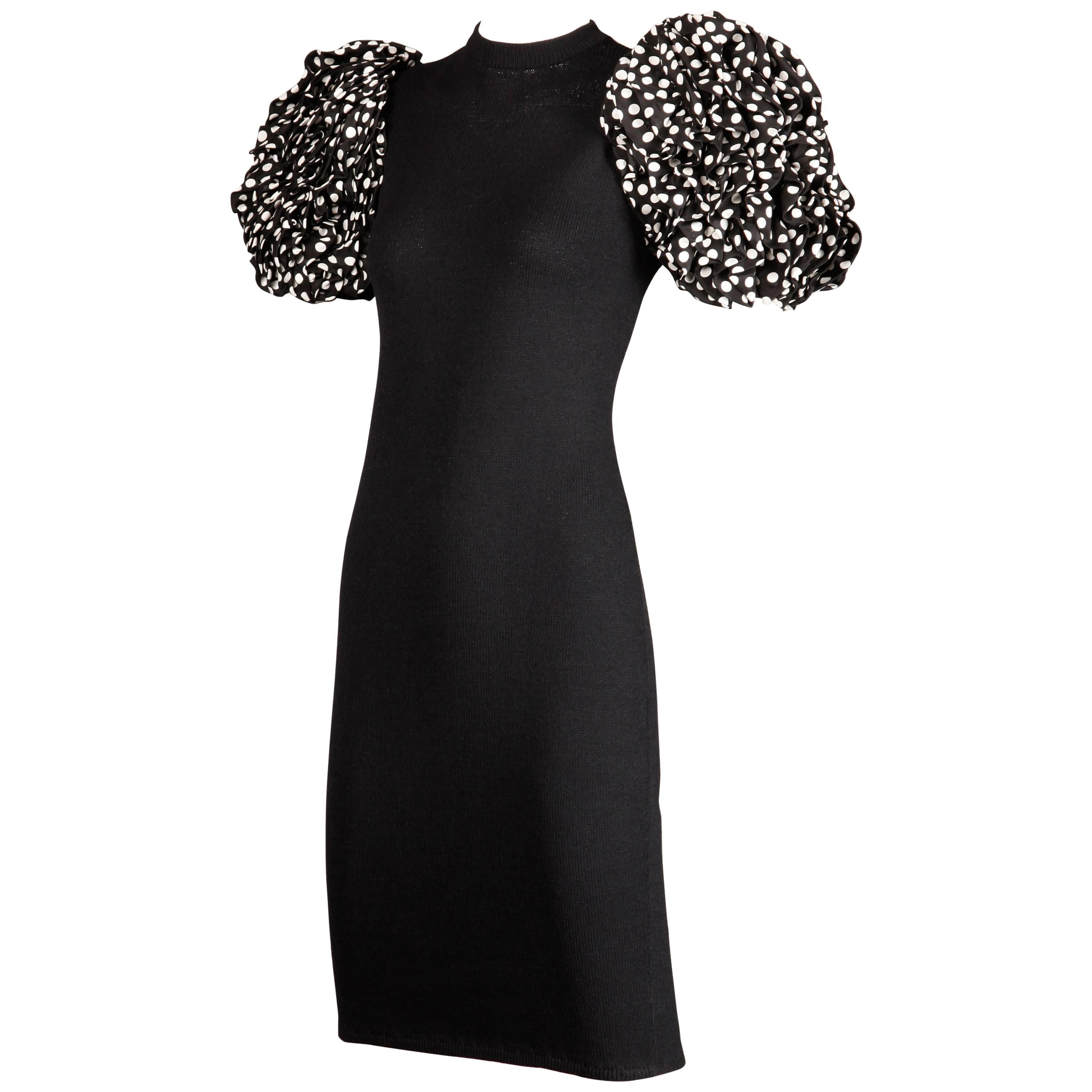 1980s St. John Vintage Black Knit Dress with Huge Polka Dot Silk Sleeves