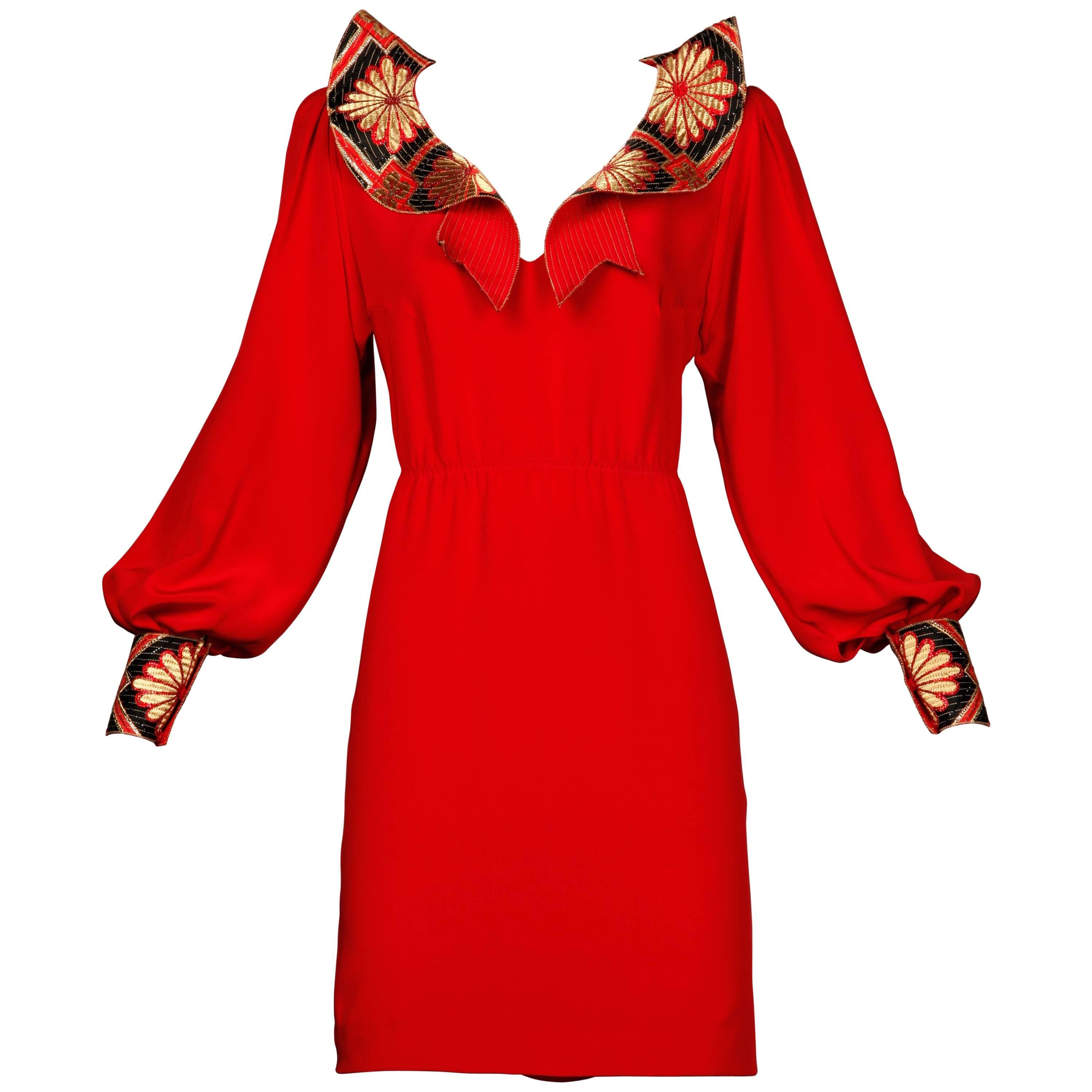 Amen Wardy Vintage Asian-Inspired Red Silk Dress with Rhinestones For Sale