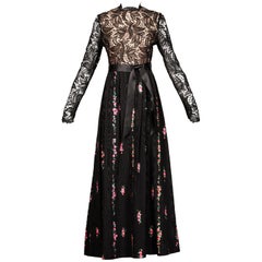 Richilene Vestido vintage de encaje negro de seda pintado a mano con etiquetas, años 70