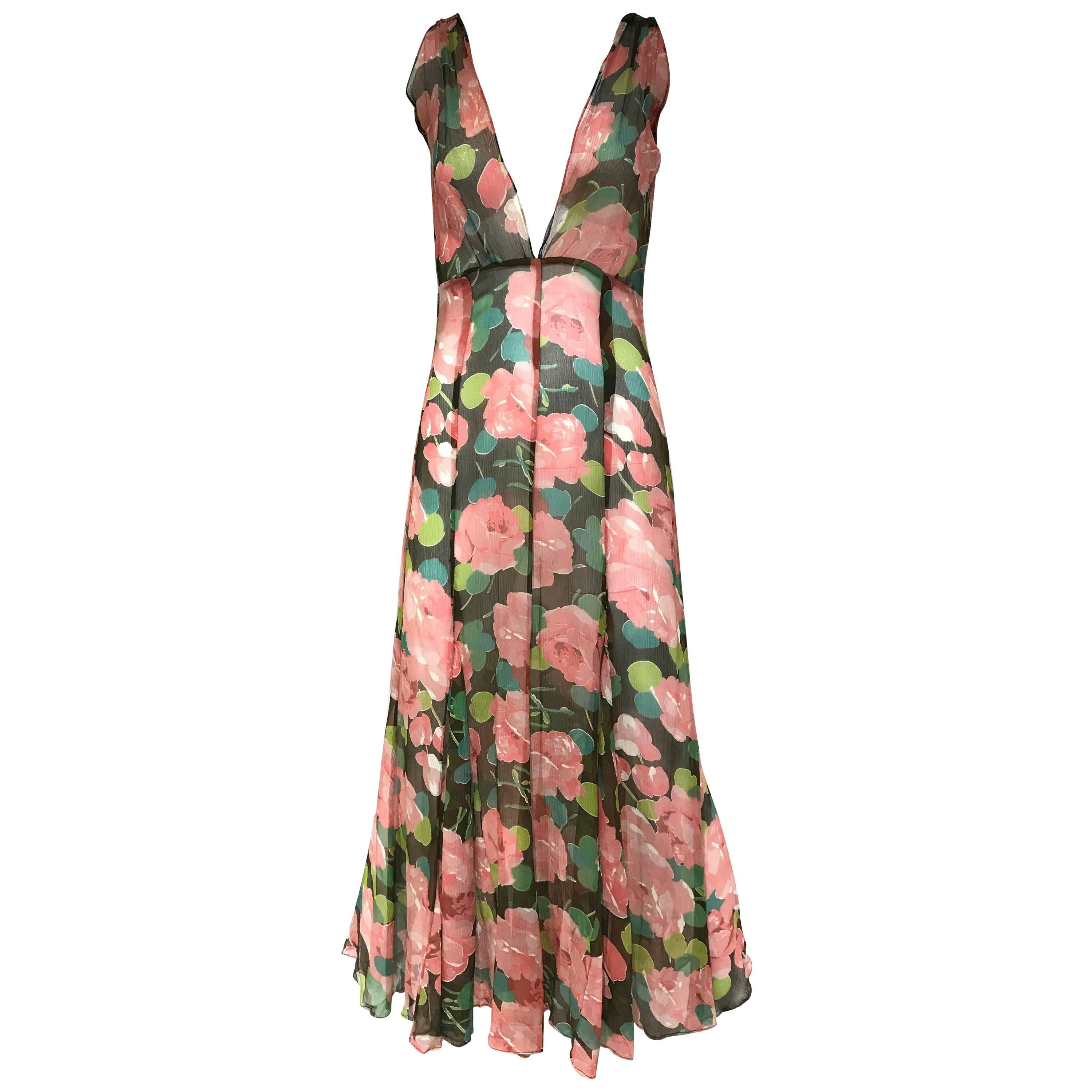 1930s Peach and Green Floral Print Silk Dress