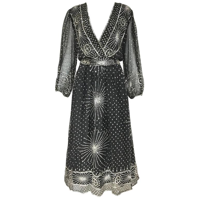 1970s Black Silk Dress with Silver Sequin For Sale at 1stdibs