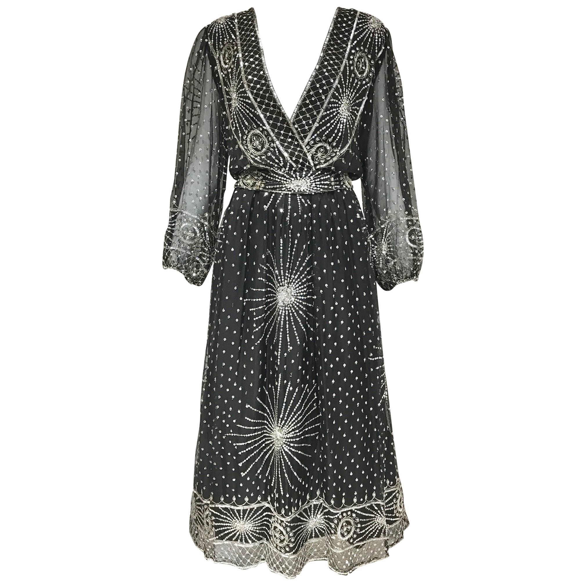 1970s Black Silk Dress with Silver Sequin