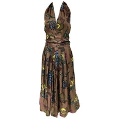 1950s Brown Silk Floral Print Halter Cocktail vintage Dress