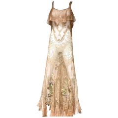 1930s Light Brown Delicate Lace Gown