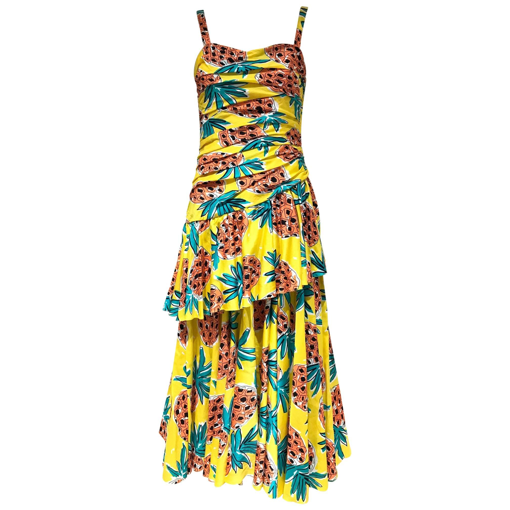 Vintage LOUIS FERAUD Yellow Pineapple Print Cotton Spaghetti Stap Summer Dress