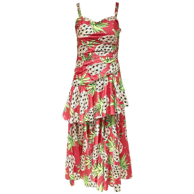 Vintage LOUIS FERAUD Red Cotton Fruit Print Spaghetti Strap Cocktail