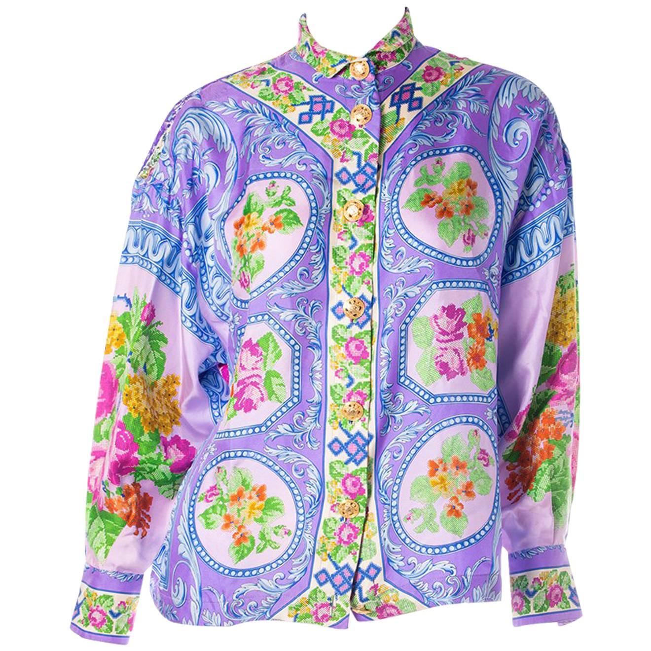 Gianni Versace Rare Silk Floral Lace Cutwork Baroque Shirt For Sale