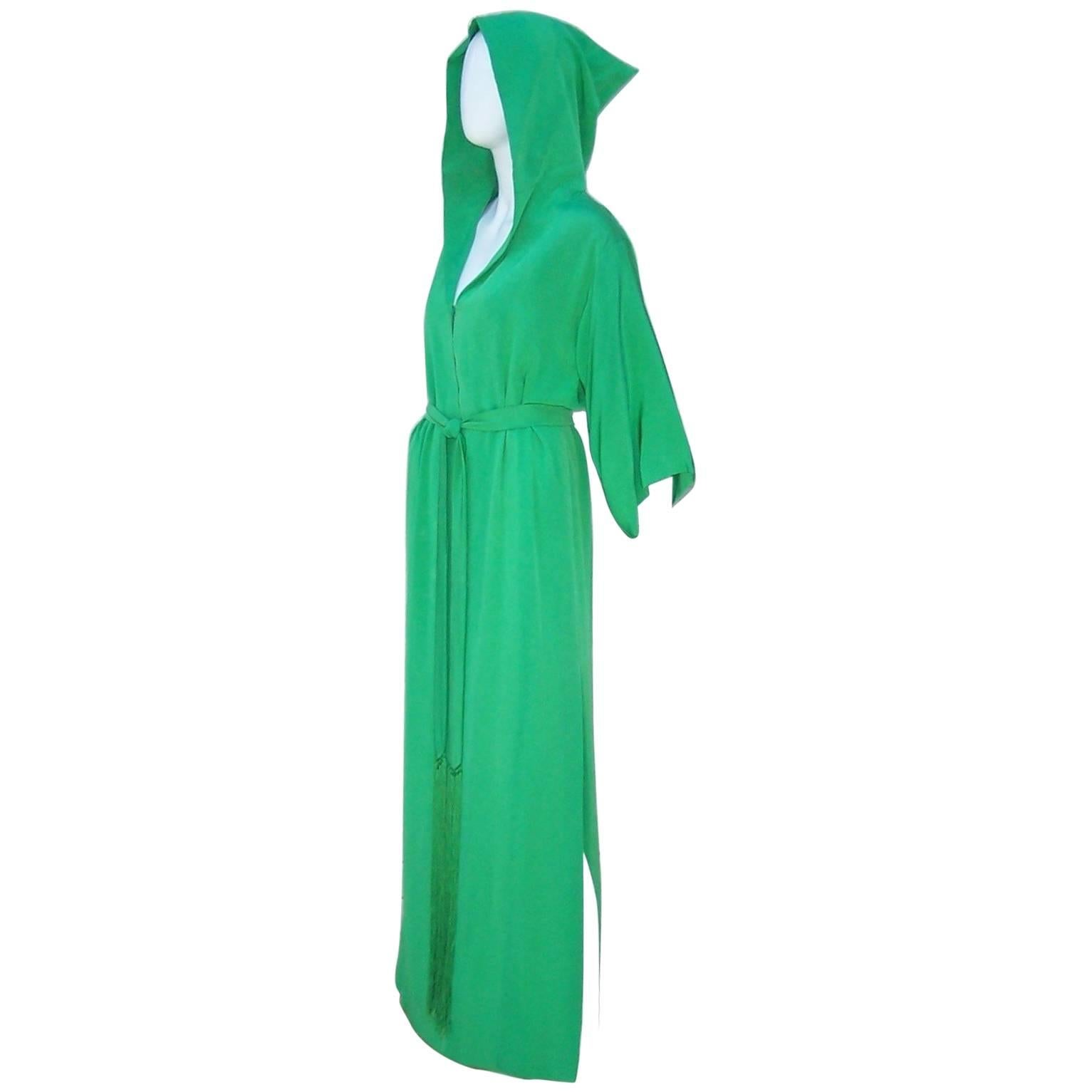 1960's Givenchy Gorgeous Green Silk Hooded Hostess Dress Robe