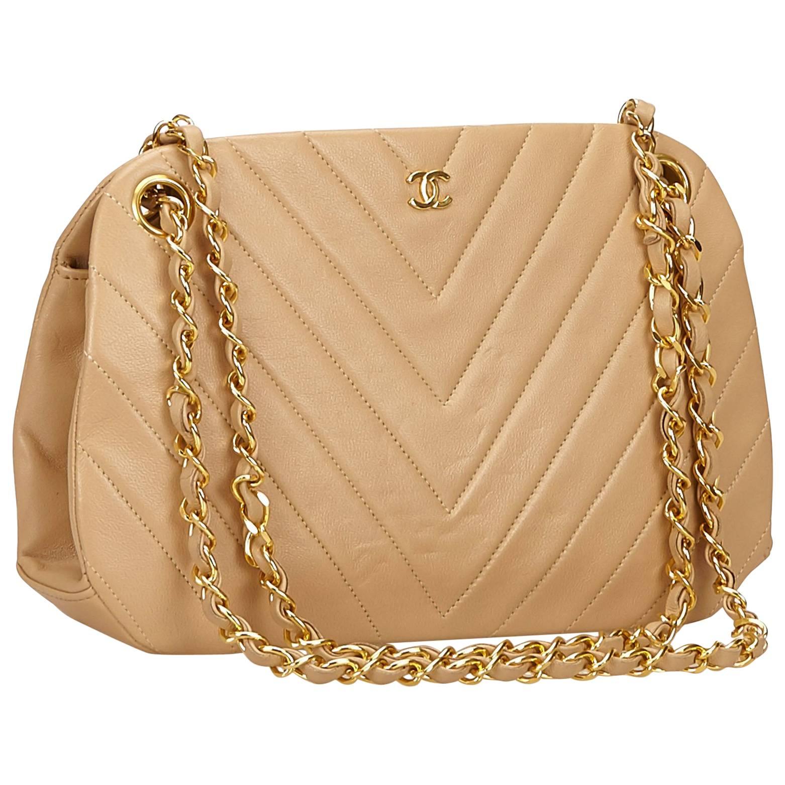 Chanel Beige Lambskin Leather Chevron Gold Chain Shoulder Bag