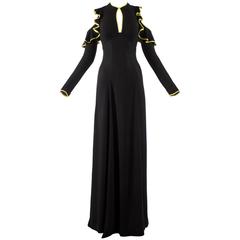 Ossie Clark 1968 black moss crepe evening dress with yellow satin trim 12
