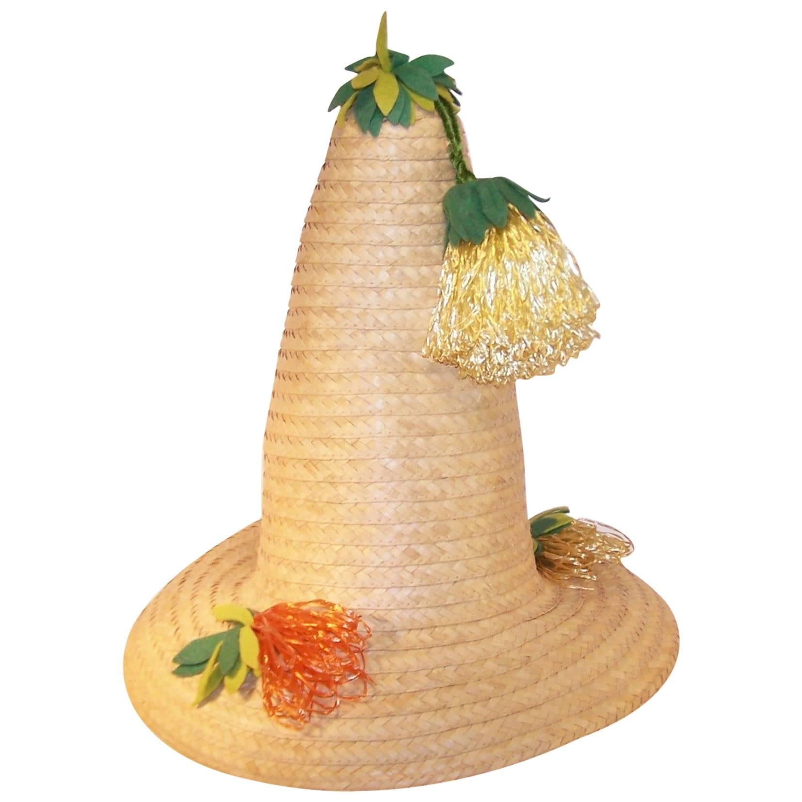 Whimsical 1950's Conical Novelty Straw Beach Hat
