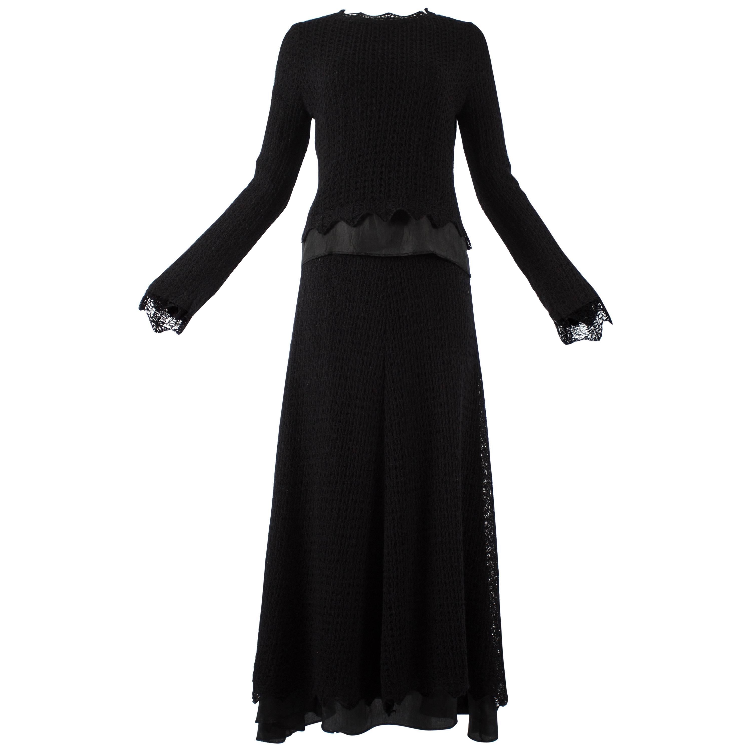 Maison Martin Margiela early 1990s black crochet wool and satin skirt suit