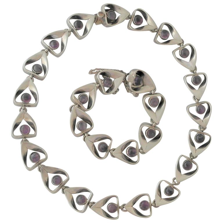 Emma Taxco Sterling Silver And Amethysts Necklace Bracelet Set Emma Taxco Sterling Silver Amethysts Necklace Bracelet Set
