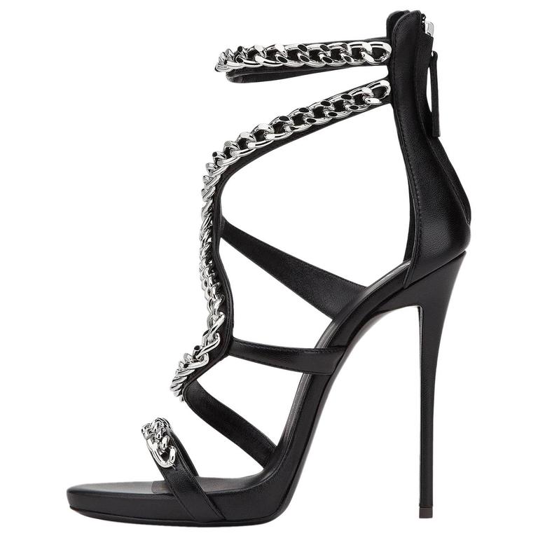 Giuseppe Zanotti New Black Leather Silver Metal Snake Heels Sandals in ...