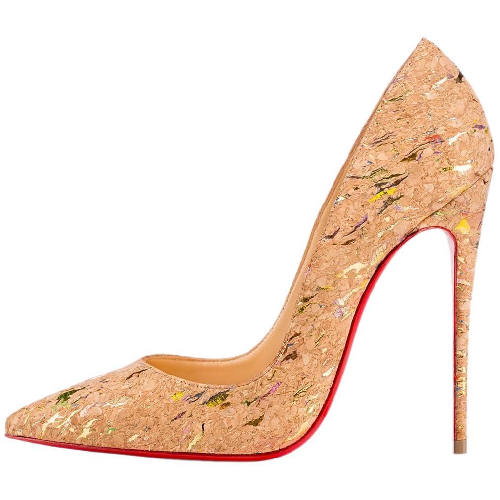 Christian Louboutin New Tan Nude MultiColor So Kate Cork High Heels Pumps in Box