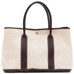 Hermes Garden Party PM Chocolate Brown Leather Beige Canvas Hand Bag 