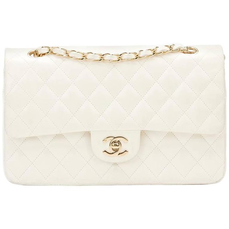 Chanel White Quilted Lambskin Classic Double Flap Medium