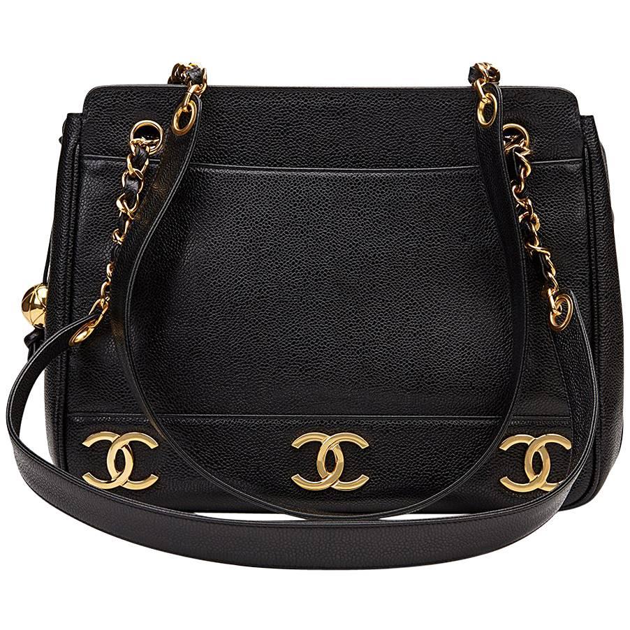 1990s Chanel Black Caviar Leather Vintage Timeless Shoulder Bag