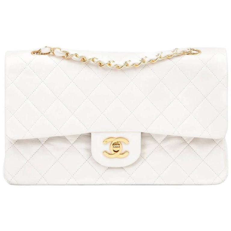 1990s Chanel White Quilted Lambskin Vintage Medium Classic Double