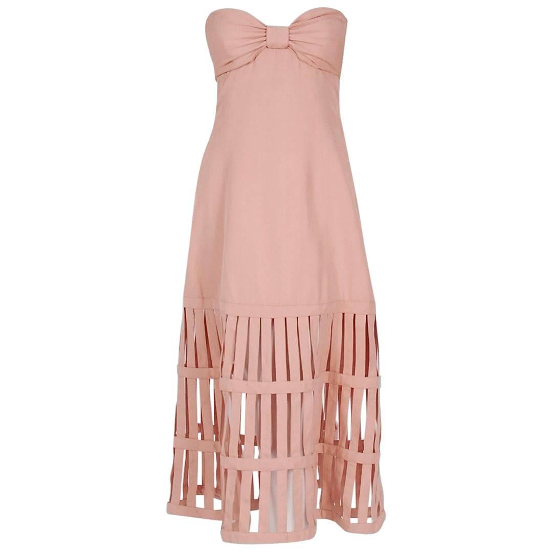 1990's Valentino Pale-Pink Silk Strapless Plunge Birdcage Cut-Out Resort Dress