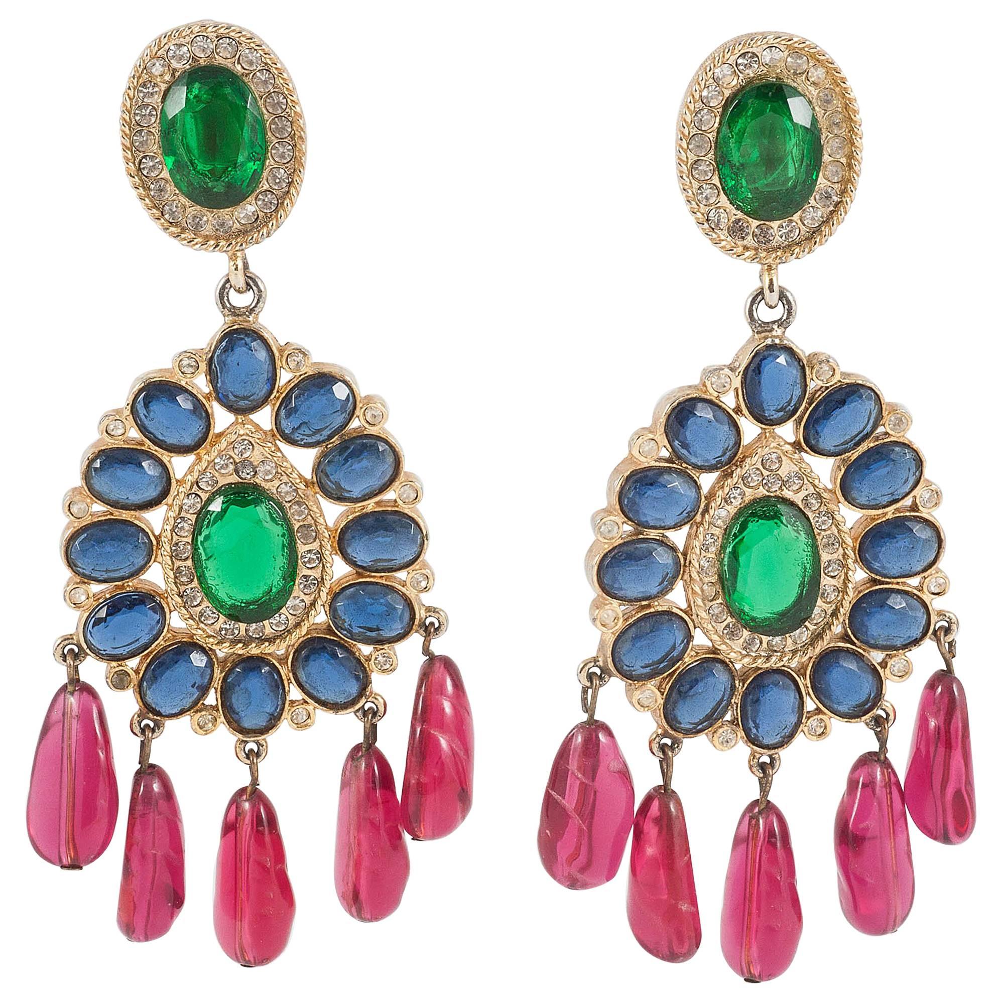 Spectacular colourful 'moghul style' earrings, Kenneth Jay Lane, 1970s 