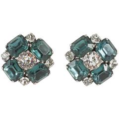 Lovely teal blue and clear paste clip on earrings, Christian Dior, 1950s 9