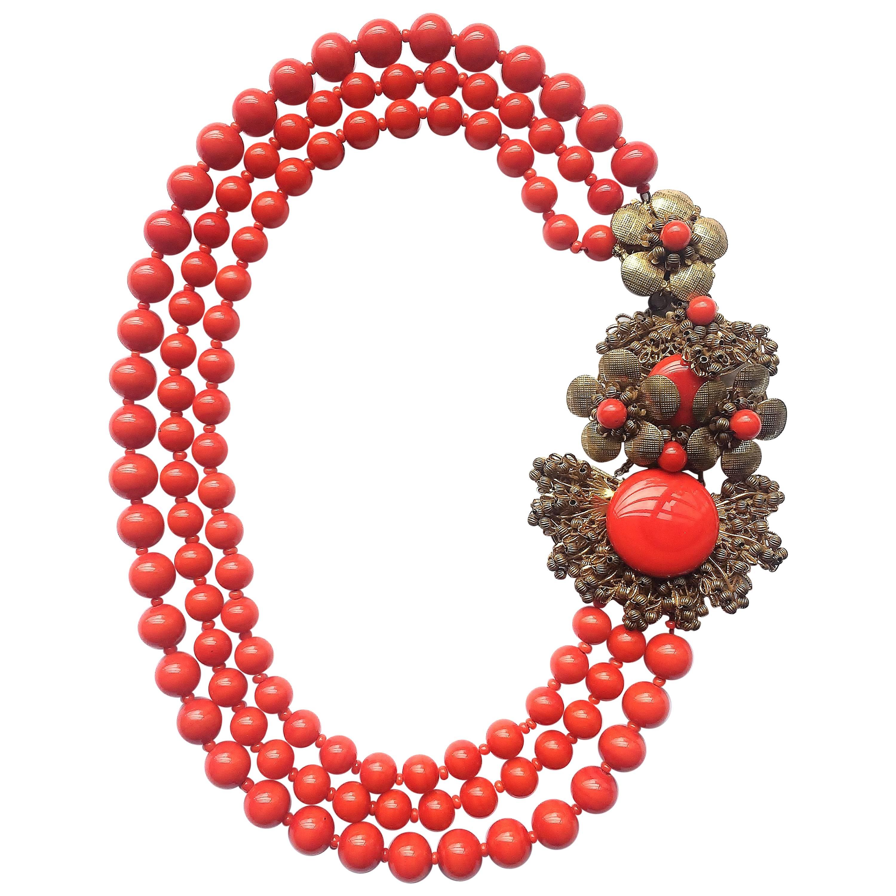Miriam Haskell vivid red glass multi row necklace, 1960s