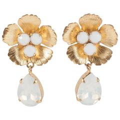 Vintage Gilt and opaline glass 'daisy' drop earrings, Philippe Ferrandis, 1990s