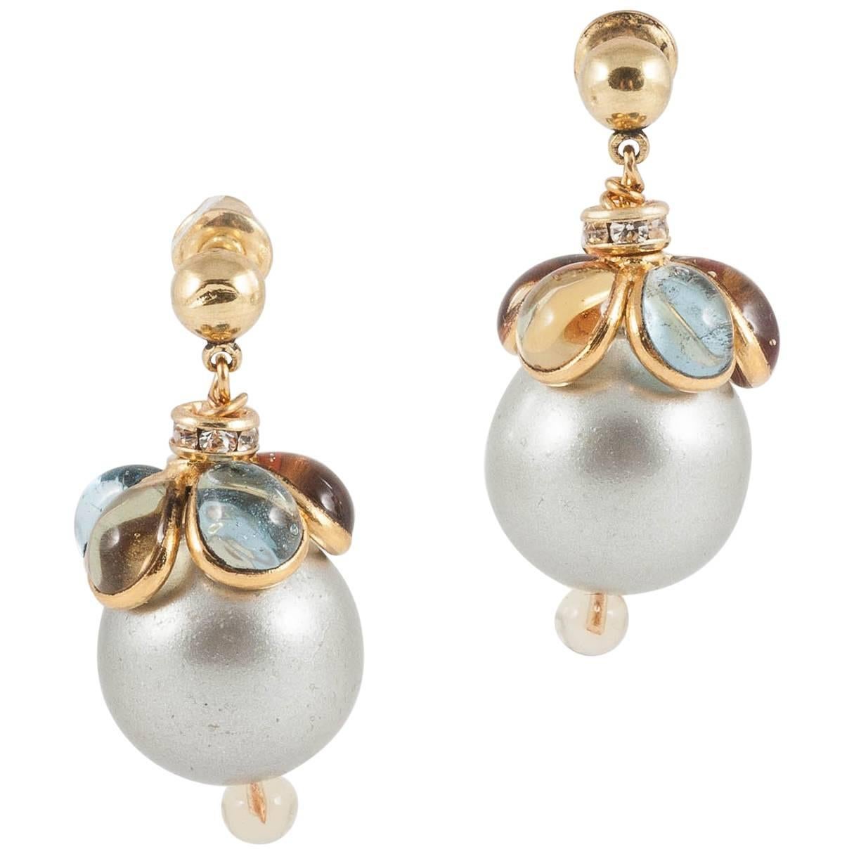 'WW' poured glass/gilt/grey pearl drop earrings, 2016