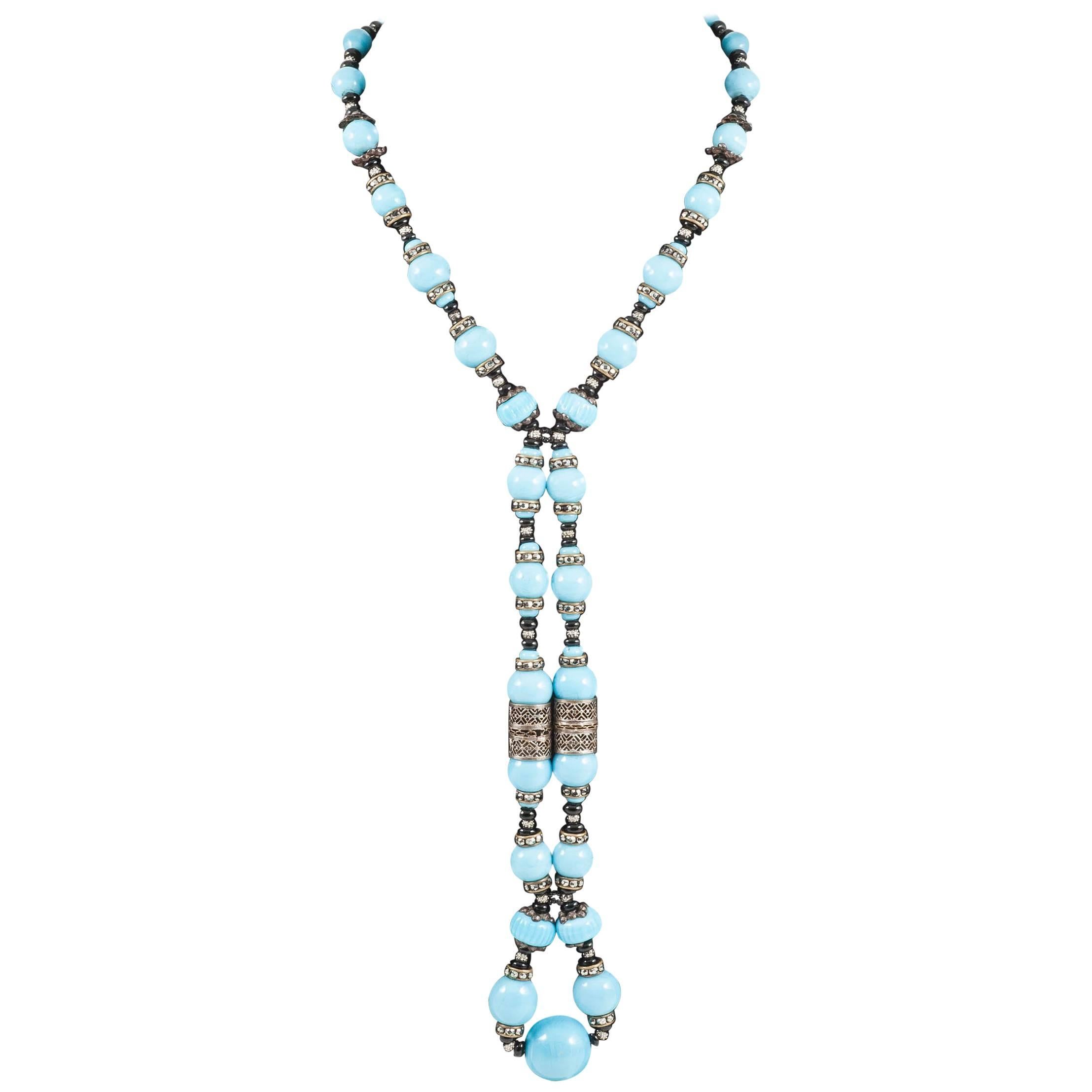 Stunning turquoise and black glass sautoir necklace, French, 1920s
