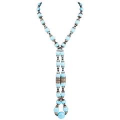 Antique Stunning turquoise and black glass sautoir necklace, French, 1920s