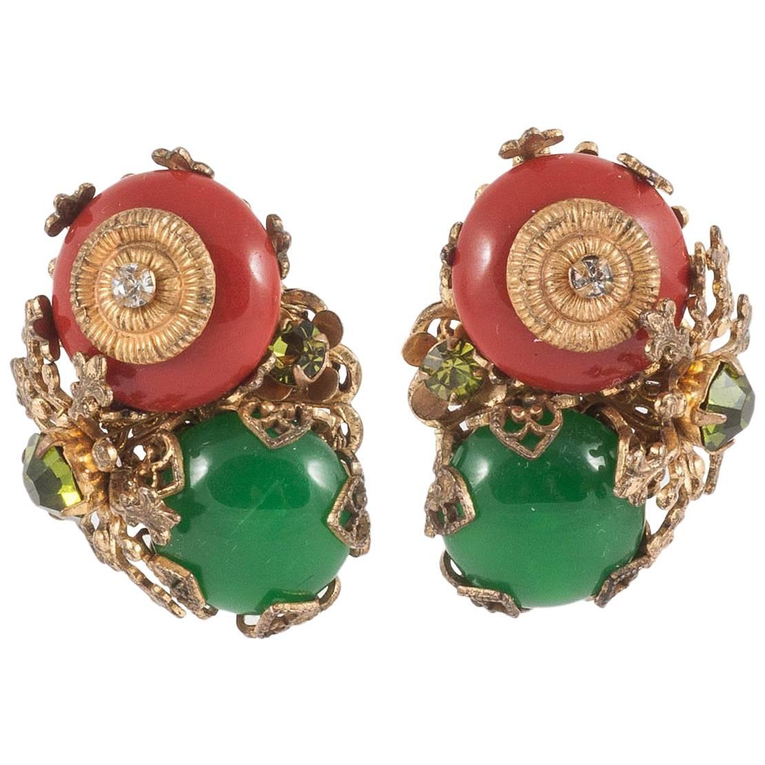 Cornelian red and green glass, , gilt metal earrings, Miriam Haskell, USA, 1950s