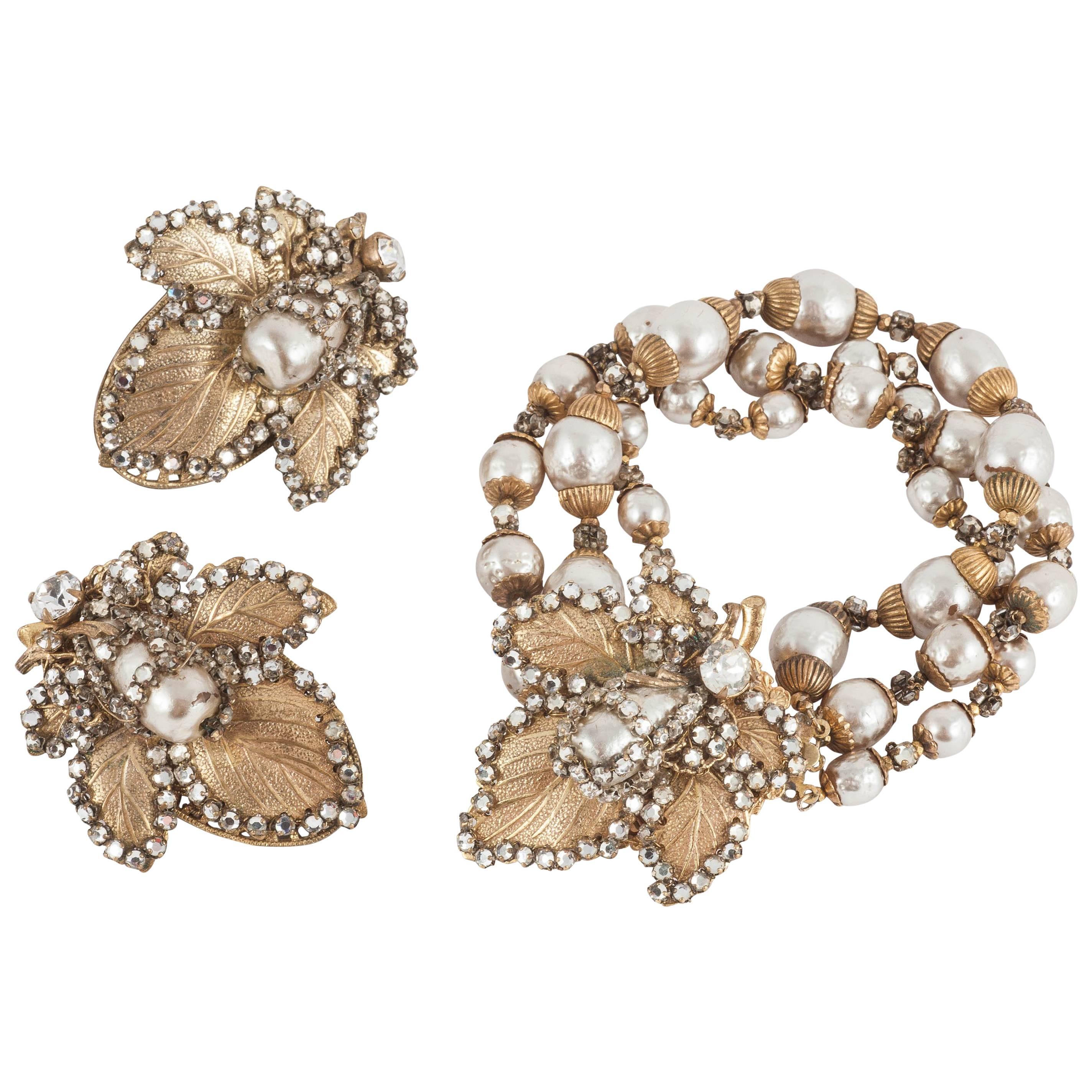 Miriam Haskell baroque pearl, gilt and rose montes bracelet and earrings, 1950s