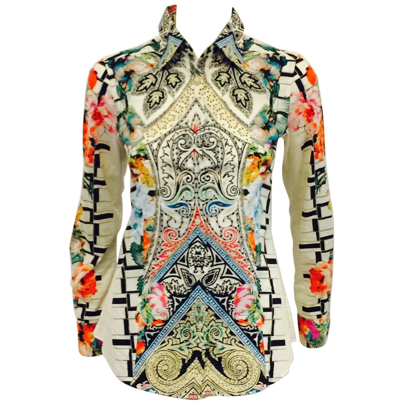 Energetic Etro Multi Colored Flower and Geo Print with Collar & Long Sleeves For Sale