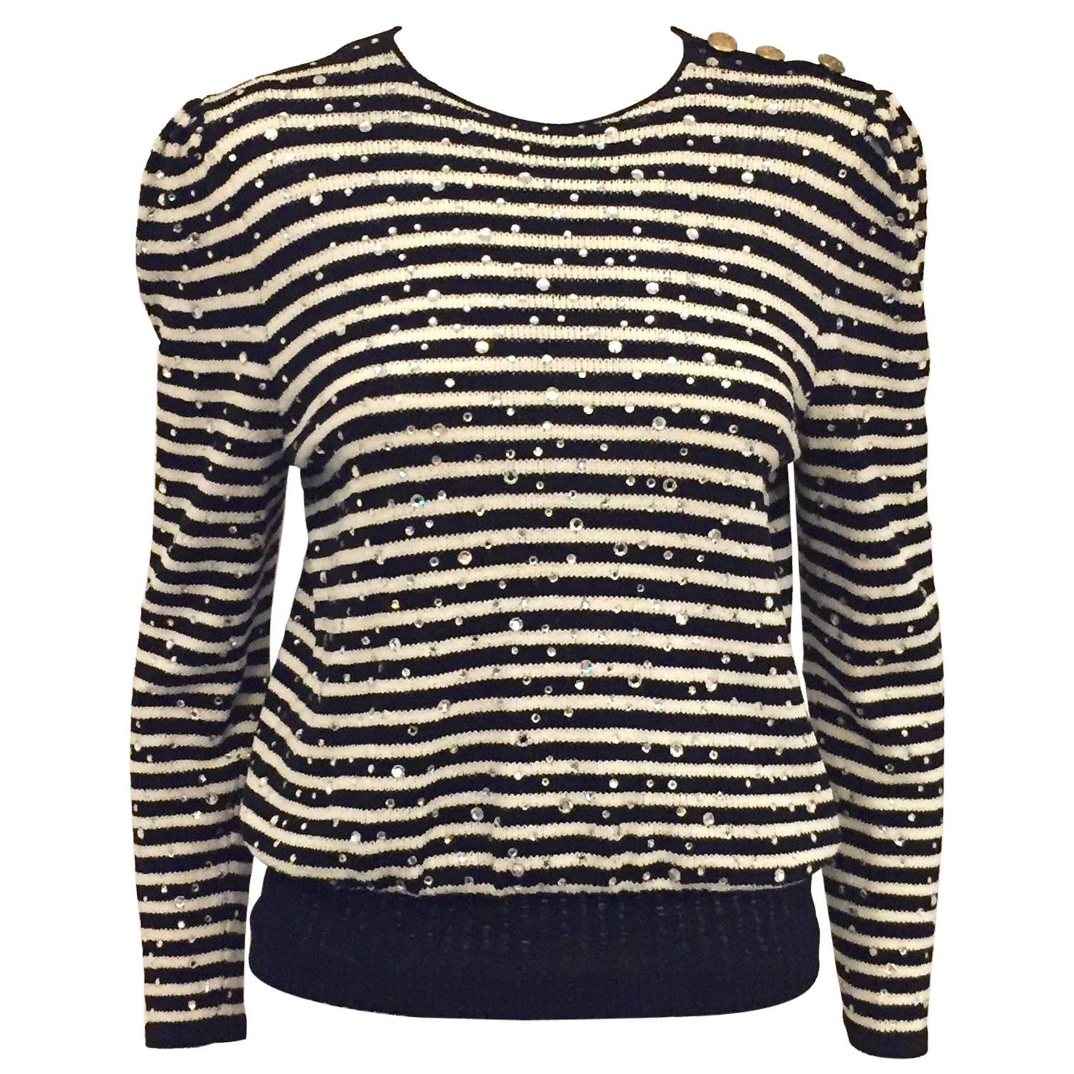 Vintage Adolfo Pullover With Black and White Stripes and Crystal Embroidery