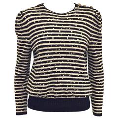 Vintage Adolfo Pullover With Black and White Stripes and Crystal Embroidery