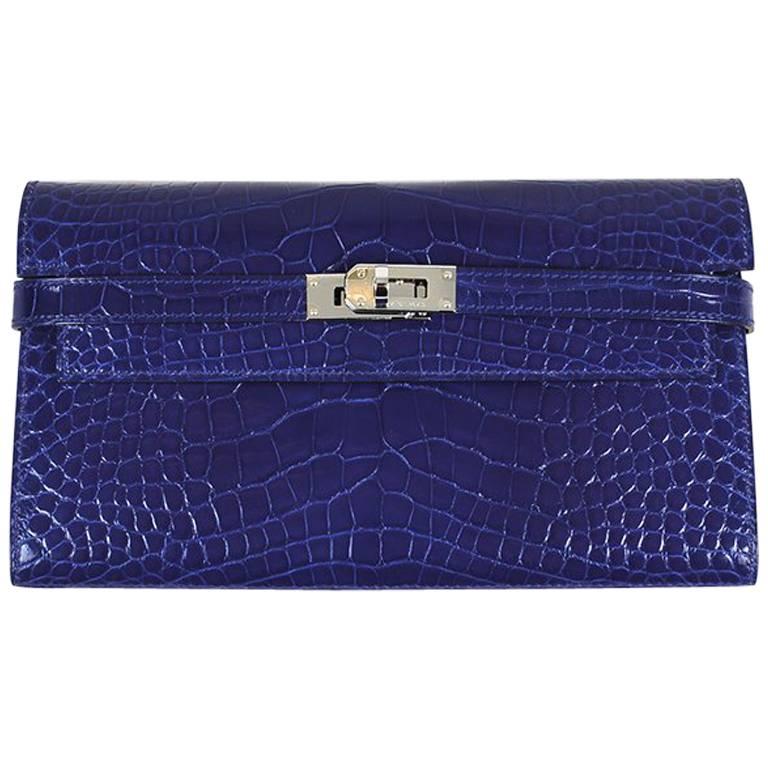 Hermes "Bleu Electrique" Shiny Alligator "Kelly Longue" Front Flap Wallet For Sale