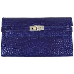 Hermes "Bleu Electrique" Shiny Alligator "Kelly Longue" Front Flap Wallet