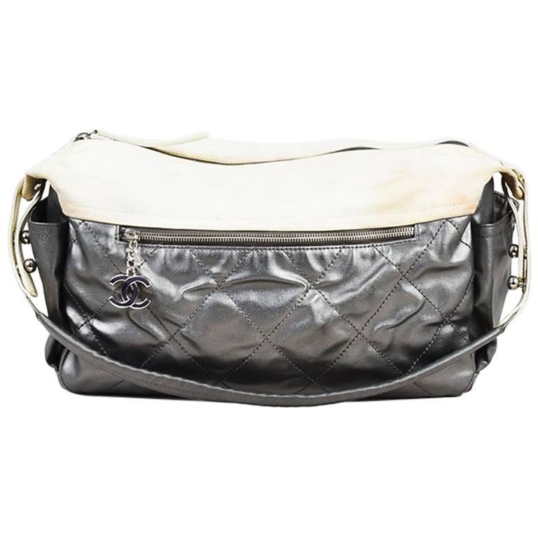 Chanel Metallic Silver Cream Quilted Canvas "Paris Biarritz" Bag For Sale